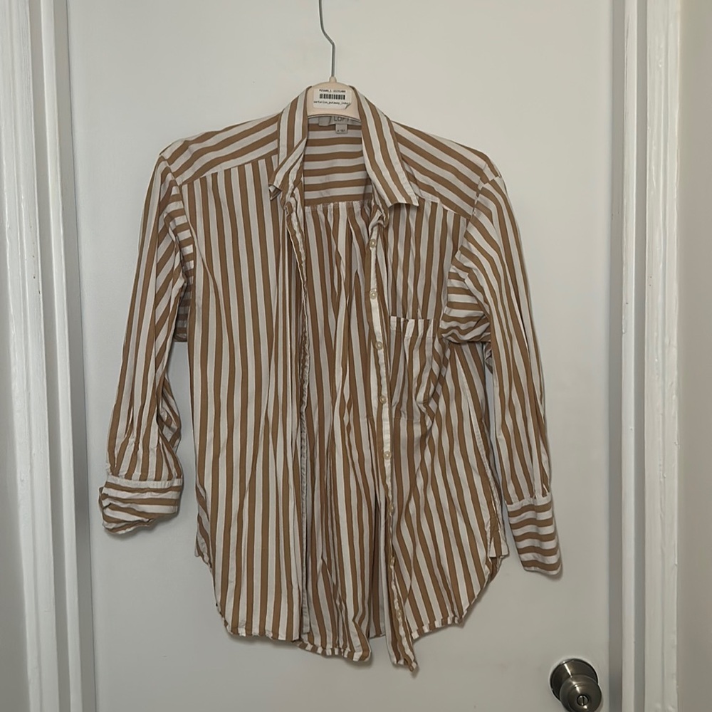 LOFT tan and white oversized button down shirt